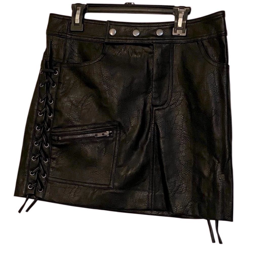 Leather Goth Moto Romeo & Juliet Black Faux Lace Up Side Biker Mini Skirt S NWT